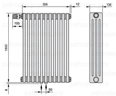Схема (чертеж) Радиатор Zehnder Charleston 4180/11 №V007 Белый глянцевый RAL 9016
